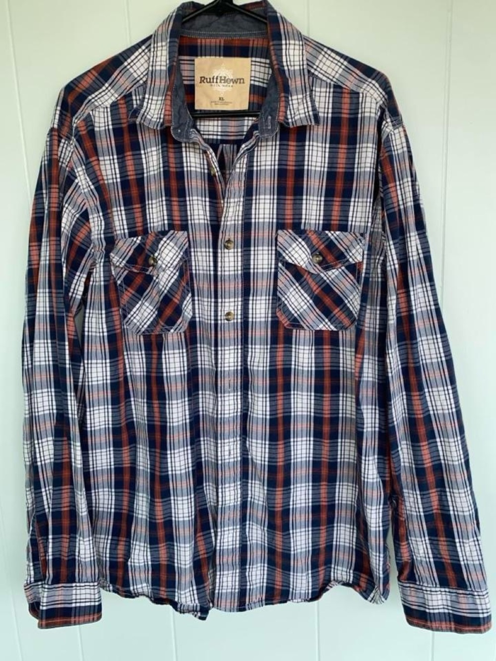 Ruff Hewn Plaid Button-Down Shirt in Navy, Orange & White
